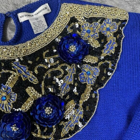 VTG Victoria Harbour Sweater Tunic Shirt Women's Size M Royal Blue Beaded Sequin - Picture 8 of 13